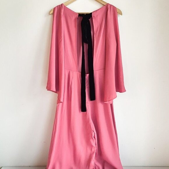 NWT Massimo Dutti Pink Wide  Leg Butterfly Sleeve Flowy Jumpsuit w Black Bow 2 - Picture 3 of 9